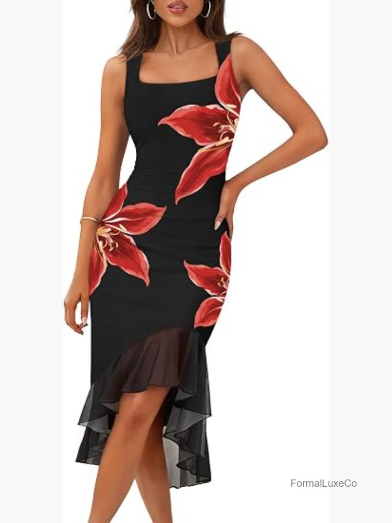 Women's Floral Bodycon Dress Square Neck Sleeveless Ruffle Cocktail Mesh Midi